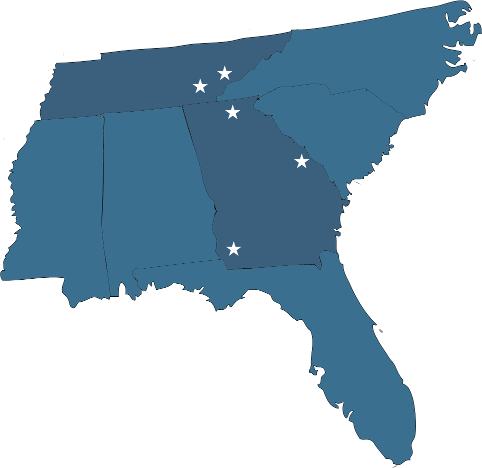 Map of the southeast with Southern Family Dental Partners' locations marked
